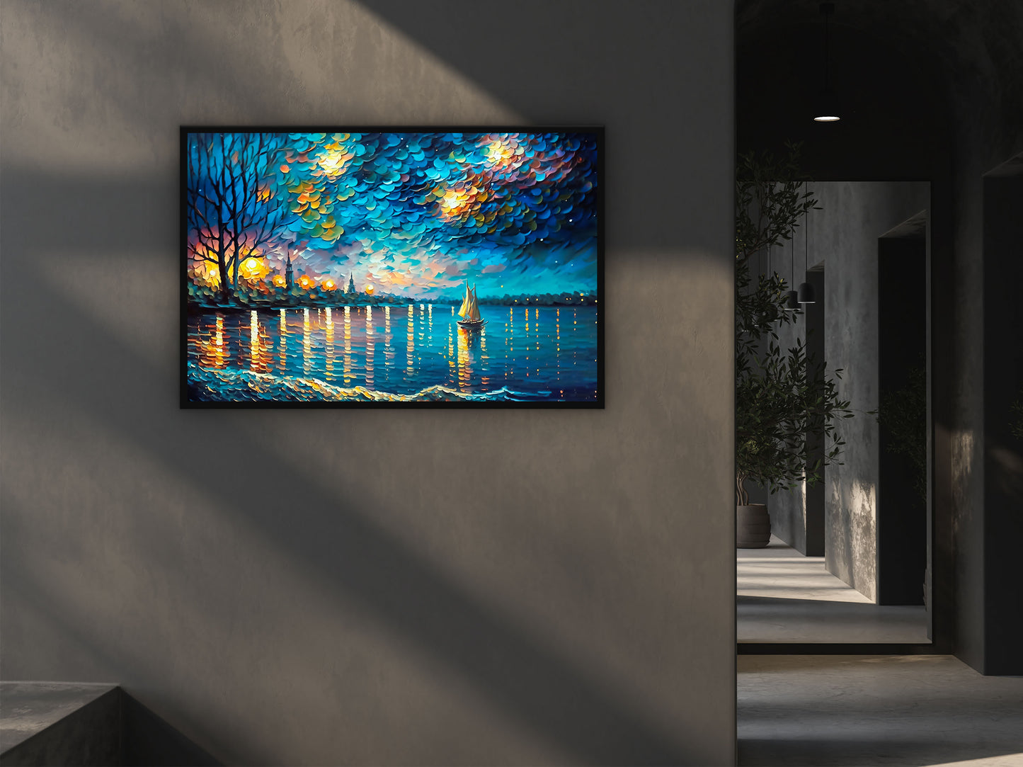 Painting of a Man in the Ocean at Night With a Full Moon Generative ai Wall Art