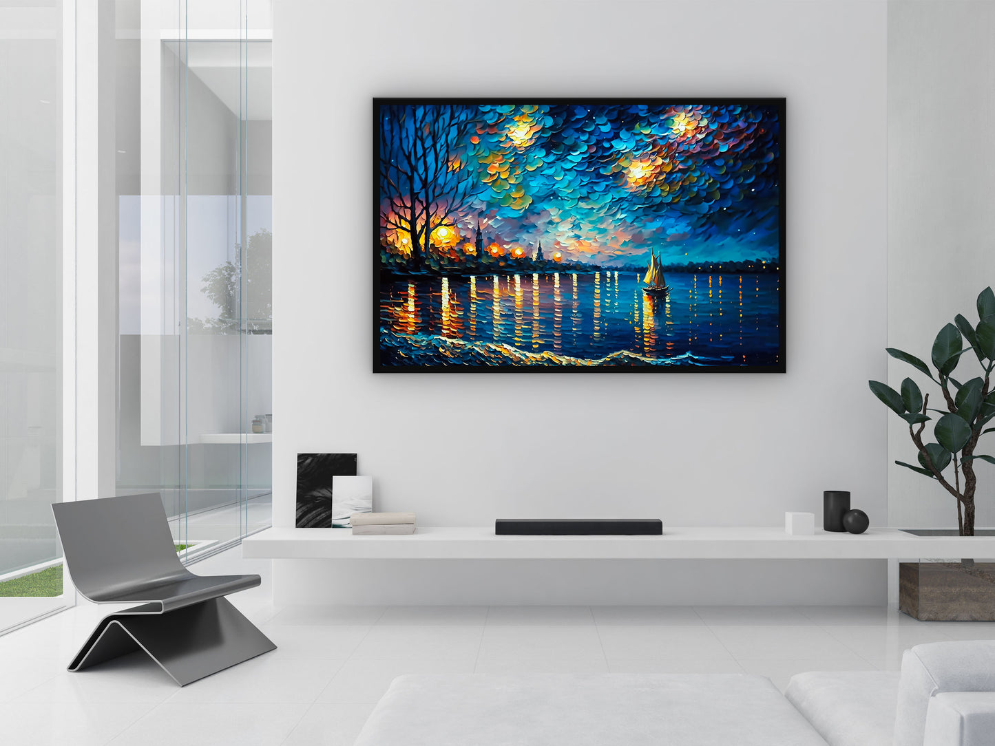 Painting of a Man in the Ocean at Night With a Full Moon Generative ai Wall Art