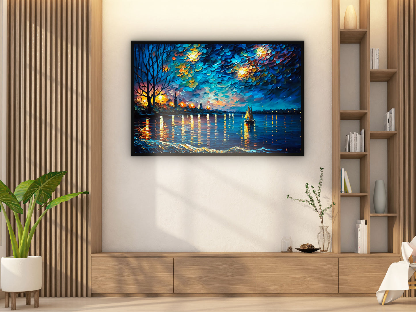 Painting of a Man in the Ocean at Night With a Full Moon Generative ai Wall Art