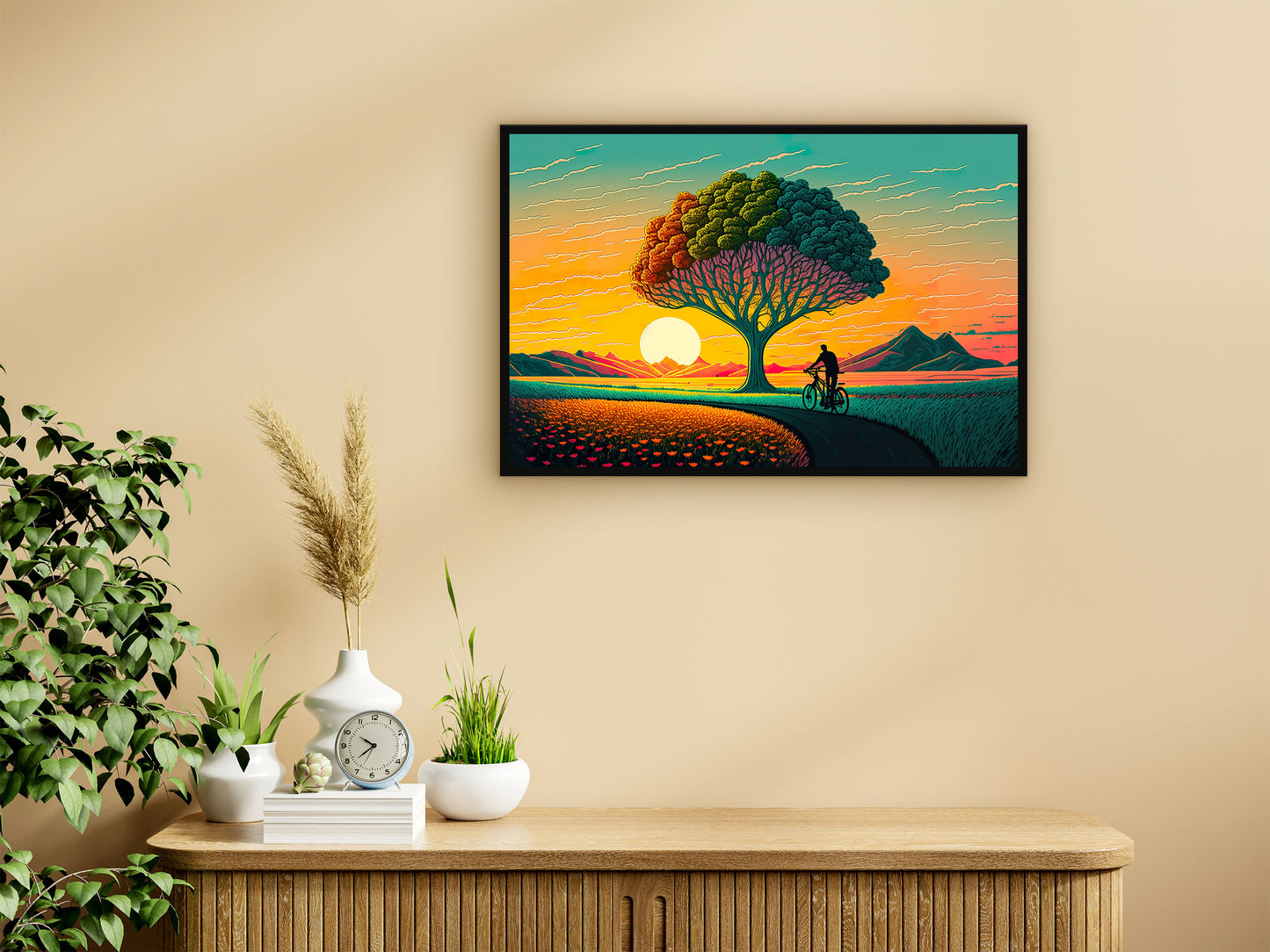 Painting of A Man Bike Riding Front of A Tree With a Sunset in The Background