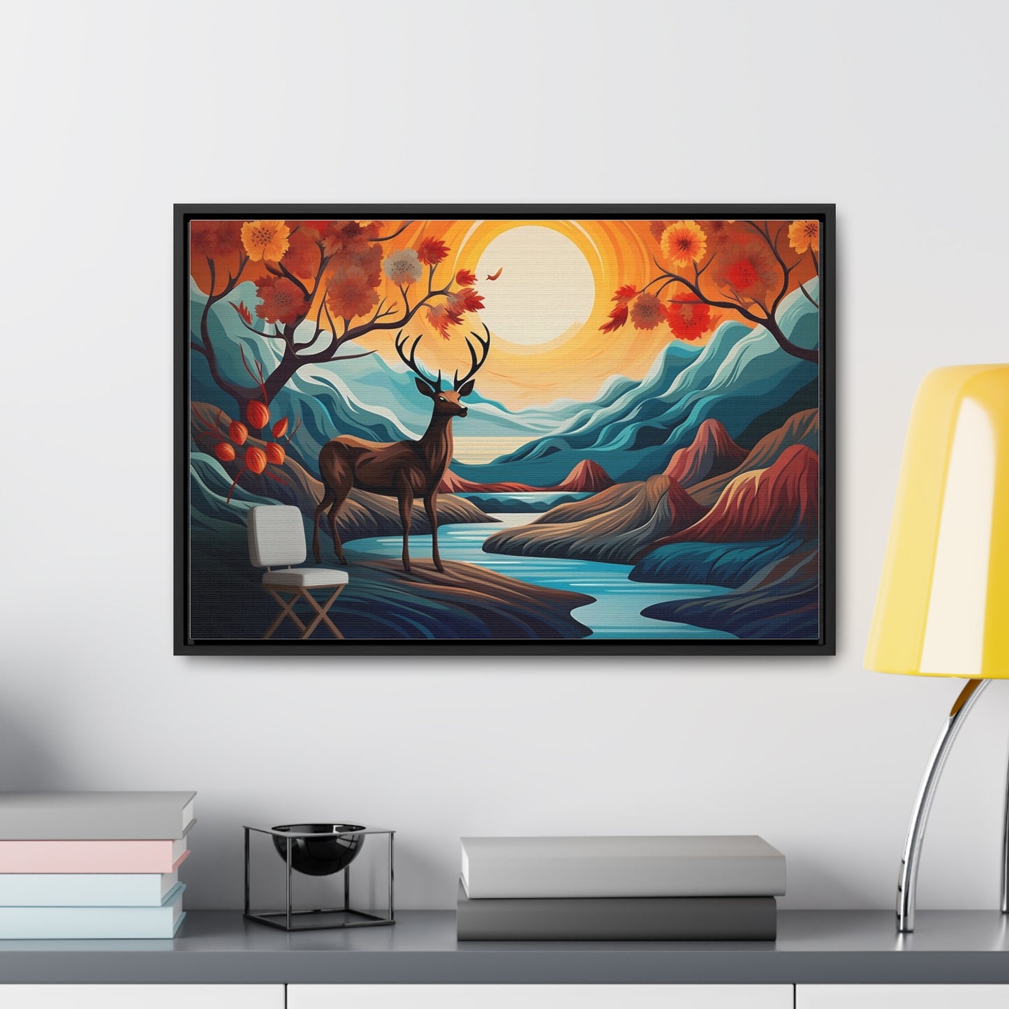 A Painting of a Deer in a Forest with a Sunset in the Background Wall Art