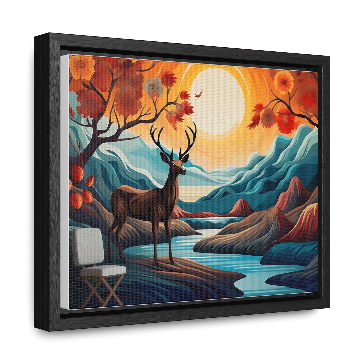 A Painting of a Deer in a Forest with a Sunset in the Background Wall Art