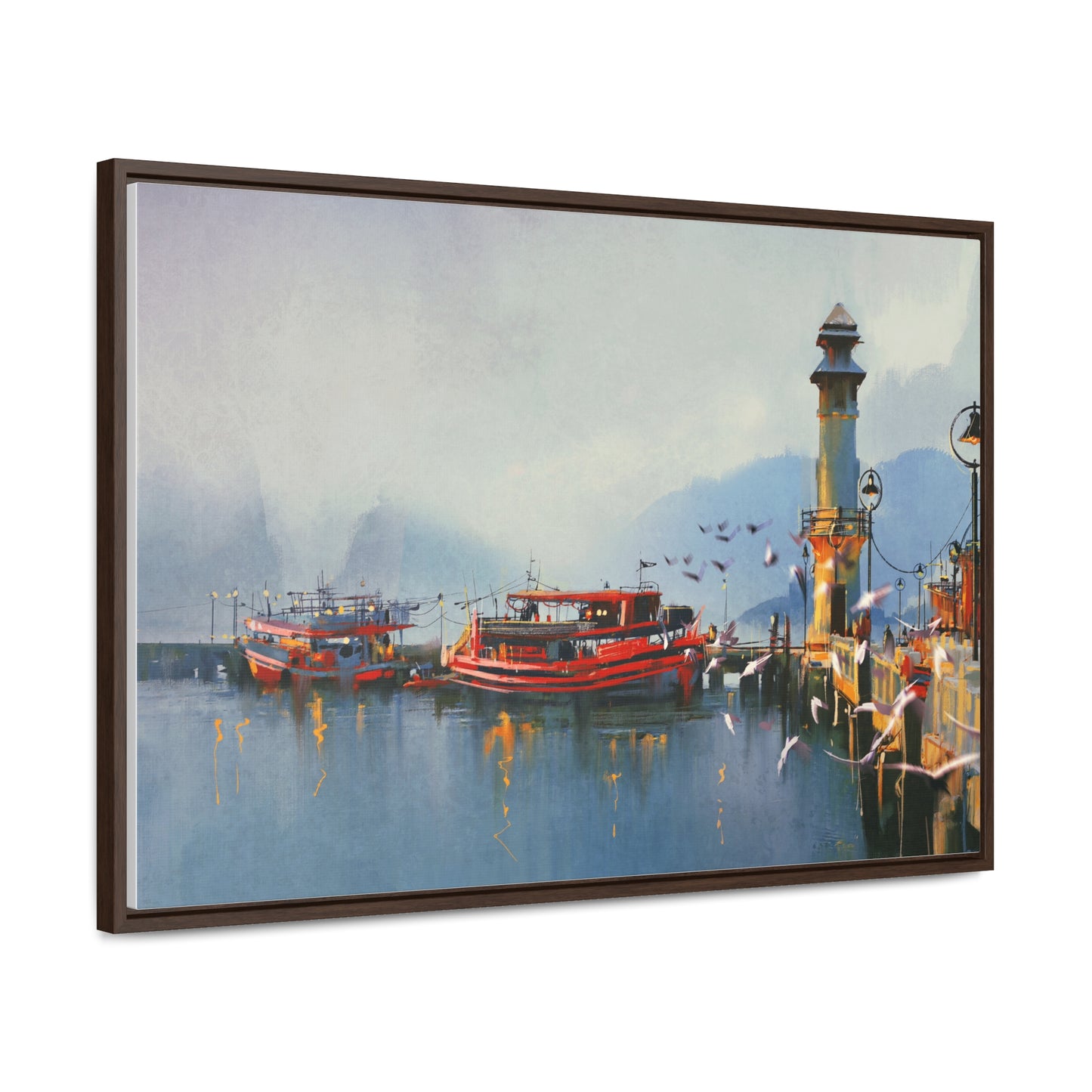 Fishing Boat in Harbor At Morning, Watercolor Painting Style Wall Art