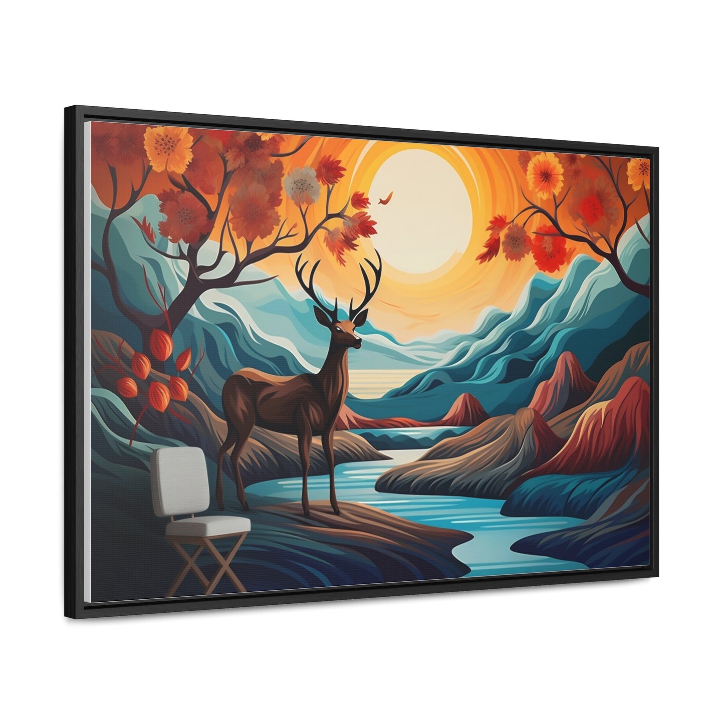 A Painting of a Deer in a Forest with a Sunset in the Background Wall Art