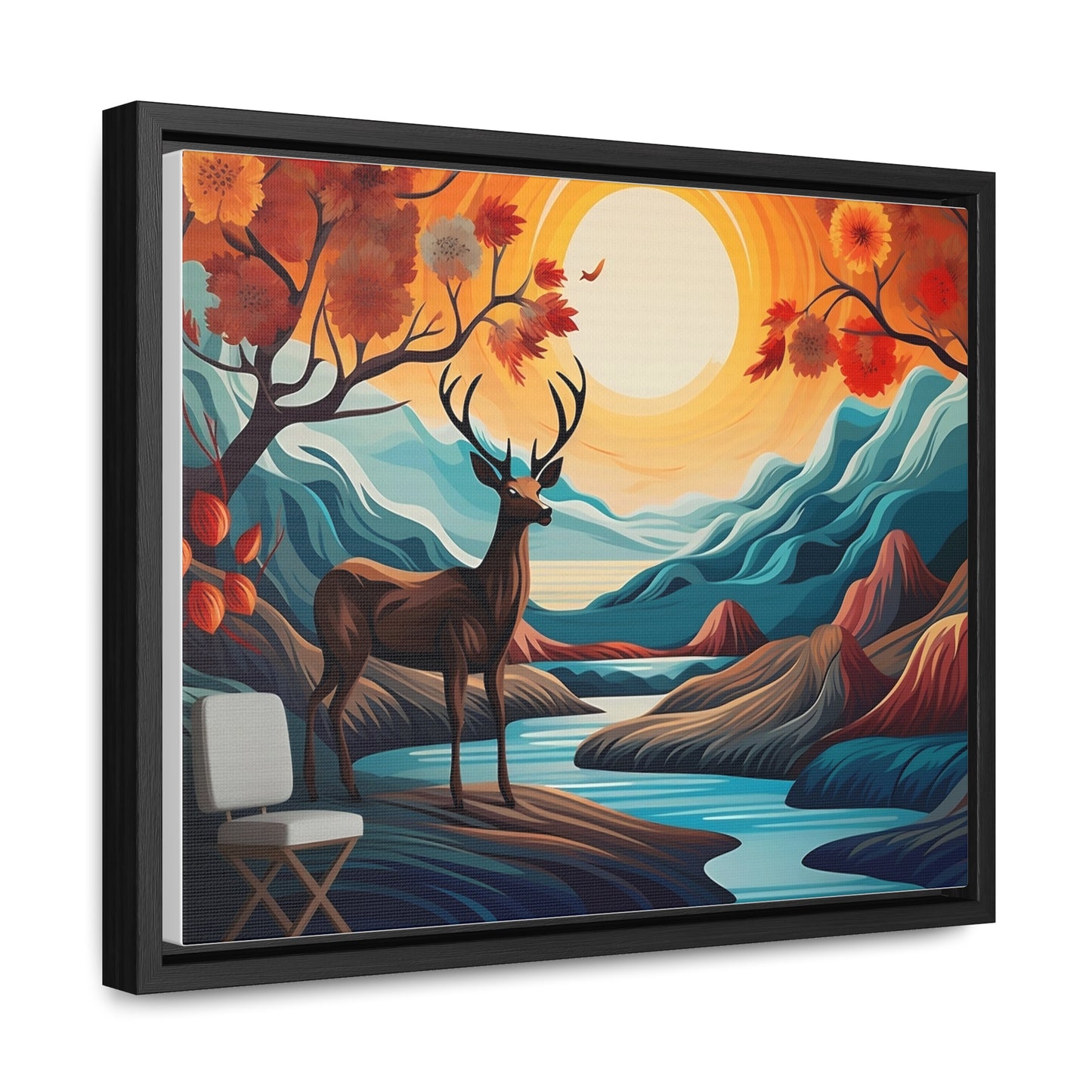 A Painting of a Deer in a Forest with a Sunset in the Background Wall Art