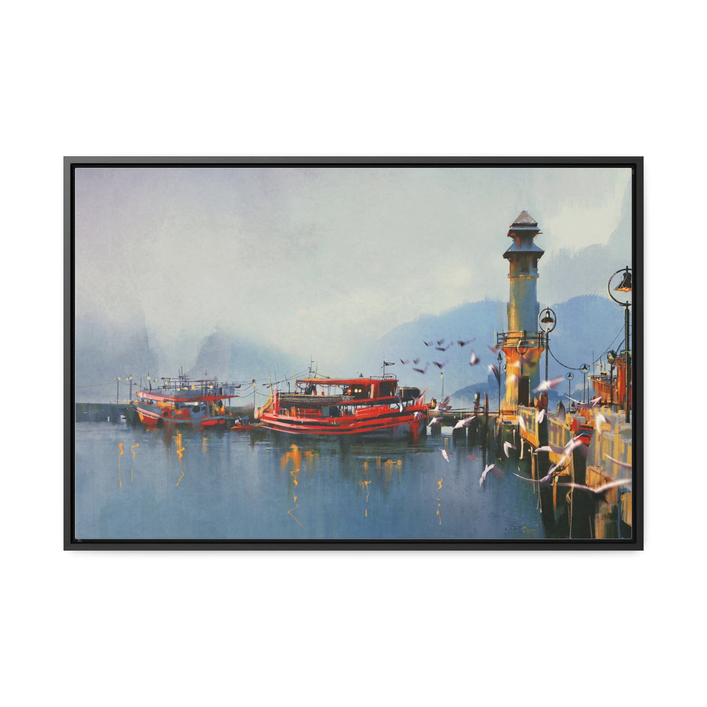 Fishing Boat in Harbor At Morning, Watercolor Painting Style Wall Art