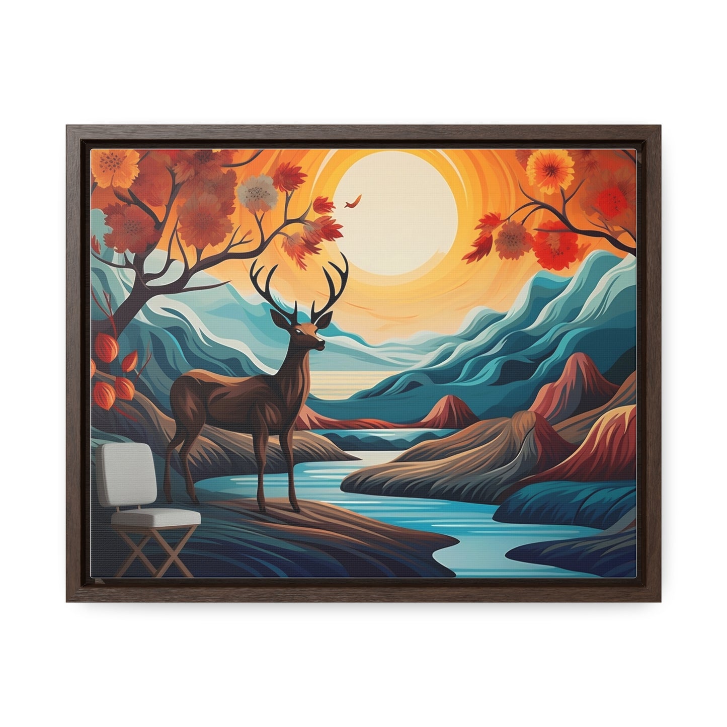 A Painting of a Deer in a Forest with a Sunset in the Background Wall Art