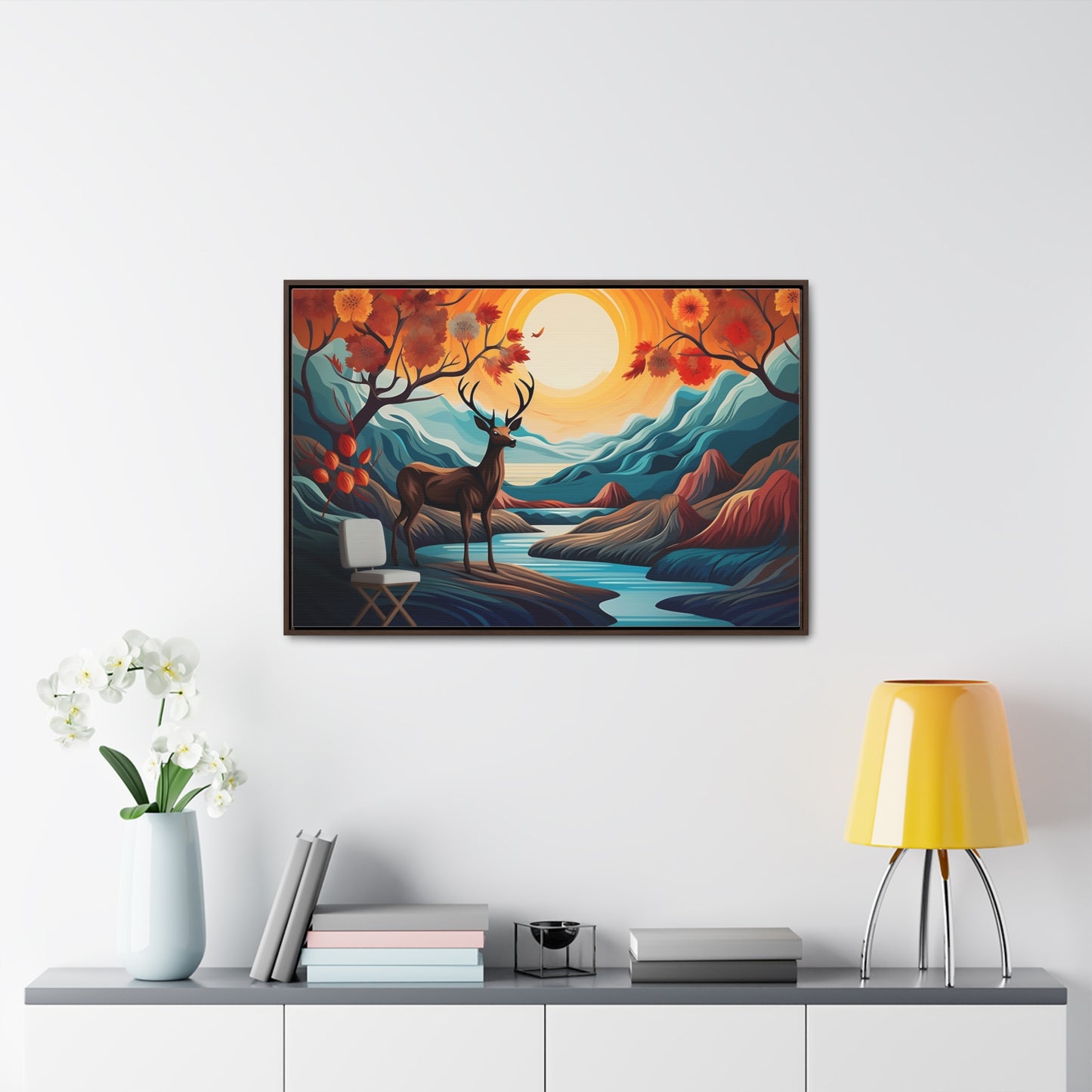 A Painting of a Deer in a Forest with a Sunset in the Background Wall Art