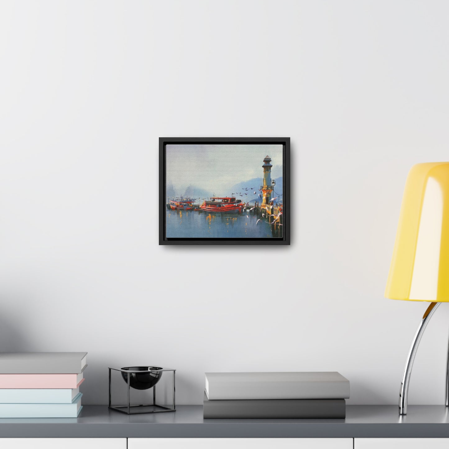 Fishing Boat in Harbor At Morning, Watercolor Painting Style Wall Art
