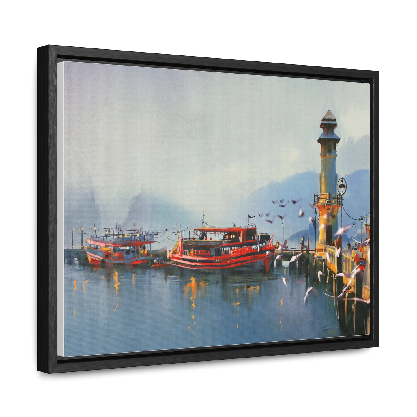 Fishing Boat in Harbor At Morning, Watercolor Painting Style Wall Art