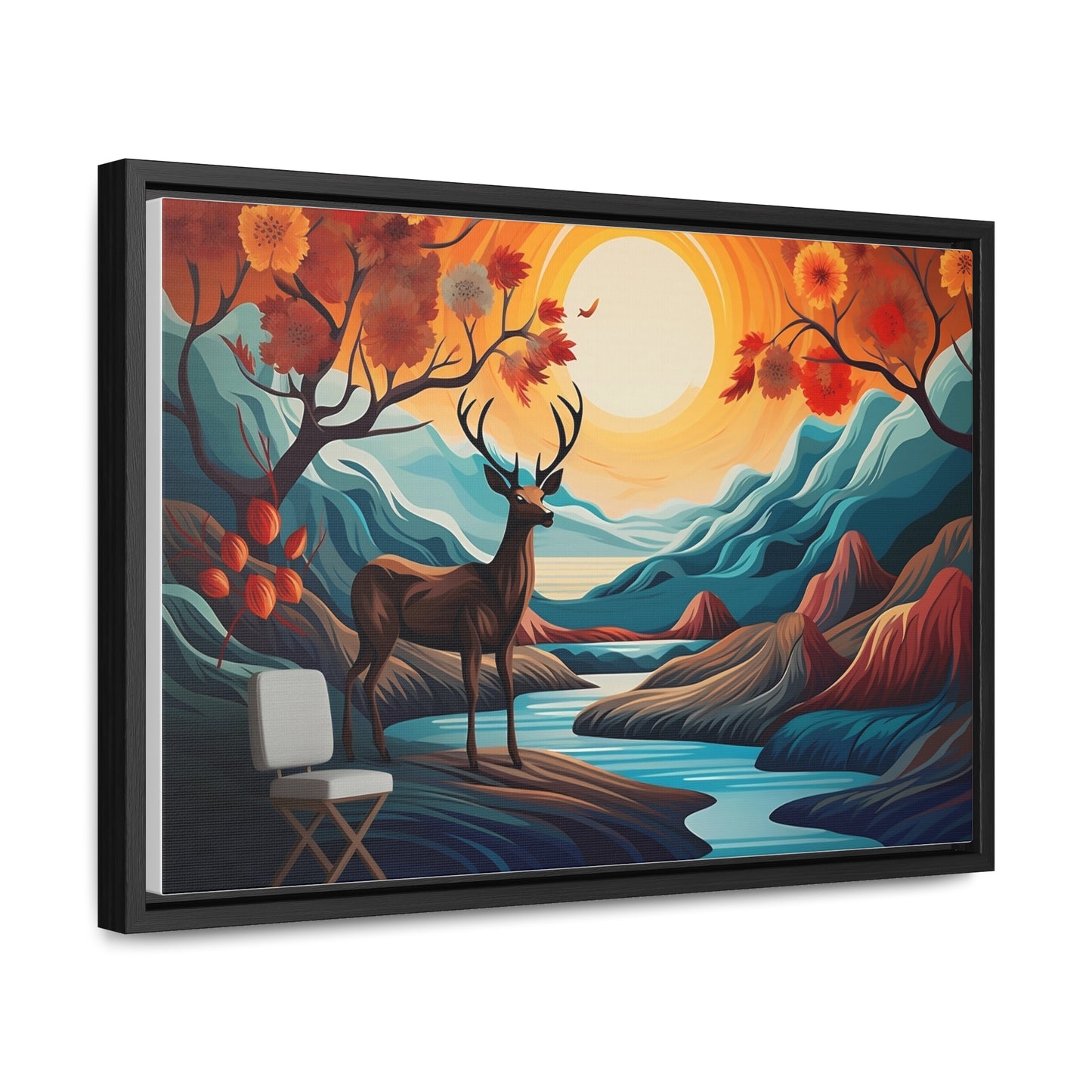 A Painting of a Deer in a Forest with a Sunset in the Background Wall Art