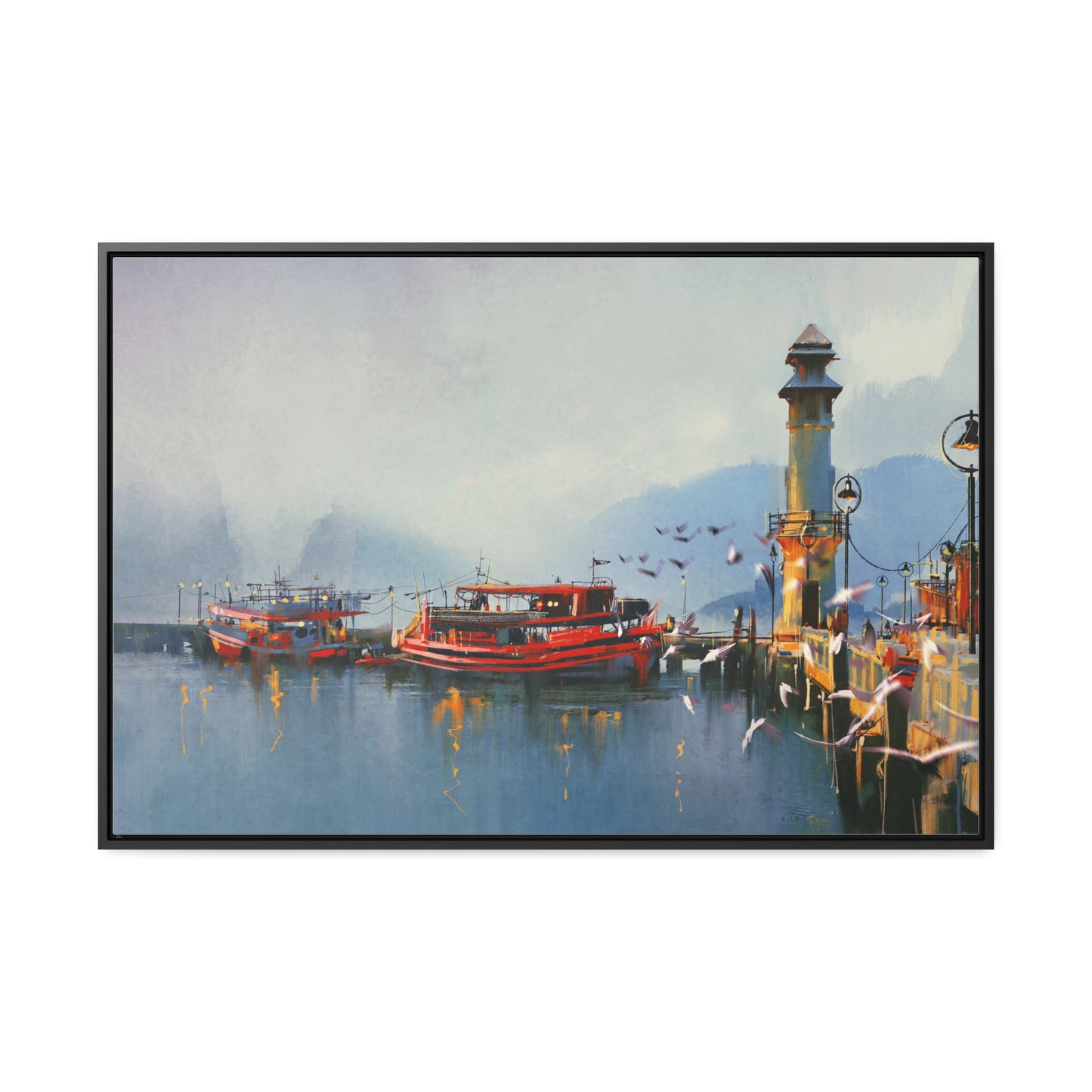 Fishing Boat in Harbor At Morning, Watercolor Painting Style Wall Art