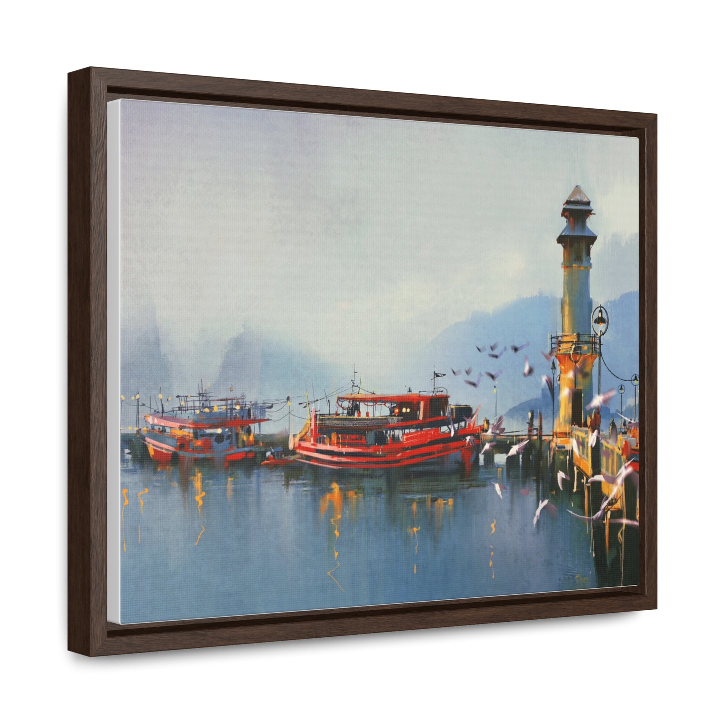 Fishing Boat in Harbor At Morning, Watercolor Painting Style Wall Art
