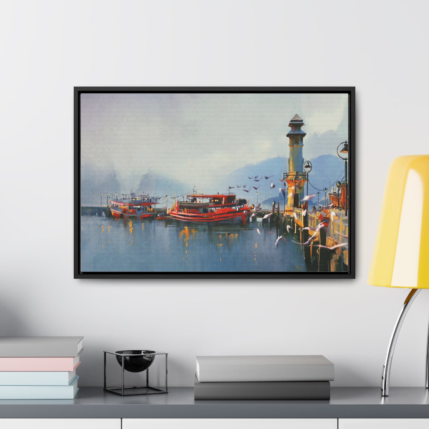 Fishing Boat in Harbor At Morning, Watercolor Painting Style Wall Art