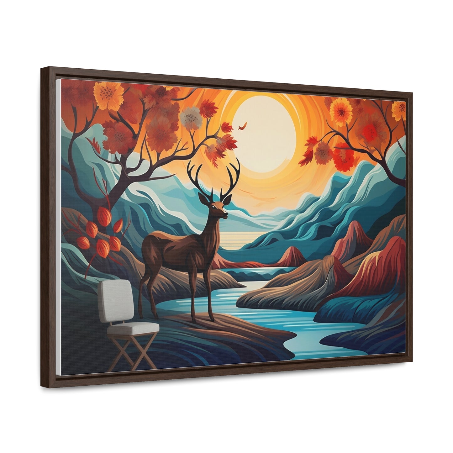 A Painting of a Deer in a Forest with a Sunset in the Background Wall Art