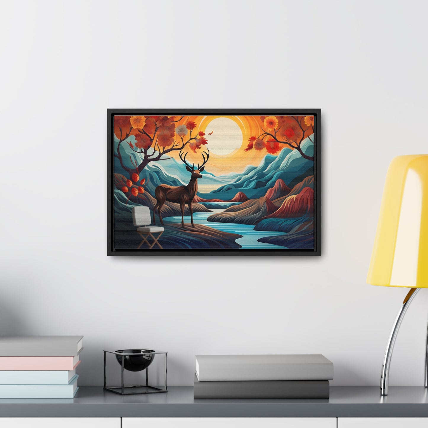 A Painting of a Deer in a Forest with a Sunset in the Background Wall Art