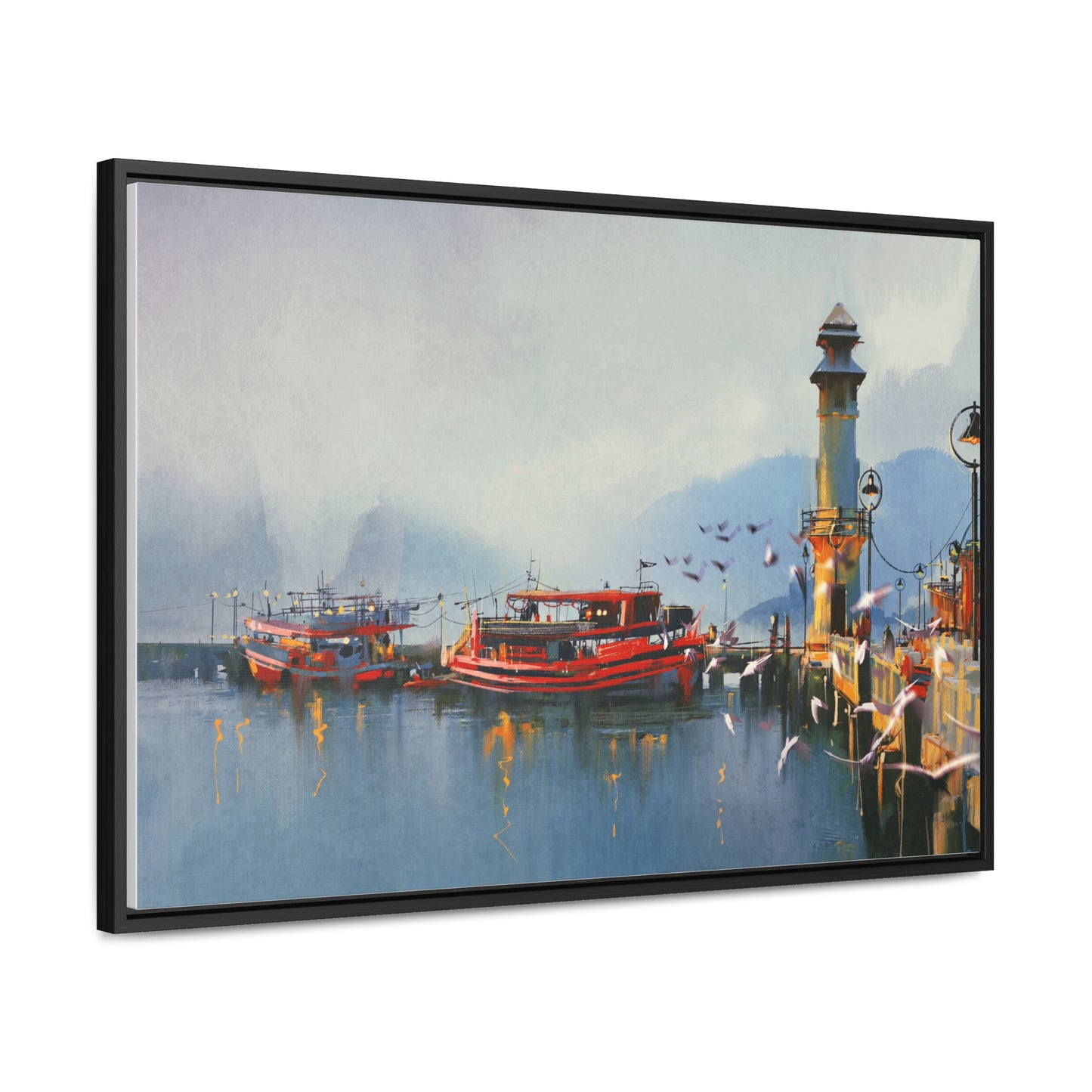 Fishing Boat in Harbor At Morning, Watercolor Painting Style Wall Art