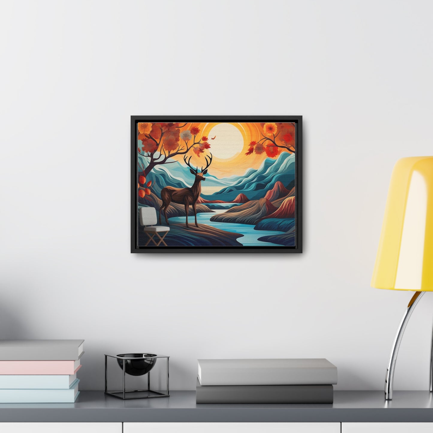 A Painting of a Deer in a Forest with a Sunset in the Background Wall Art