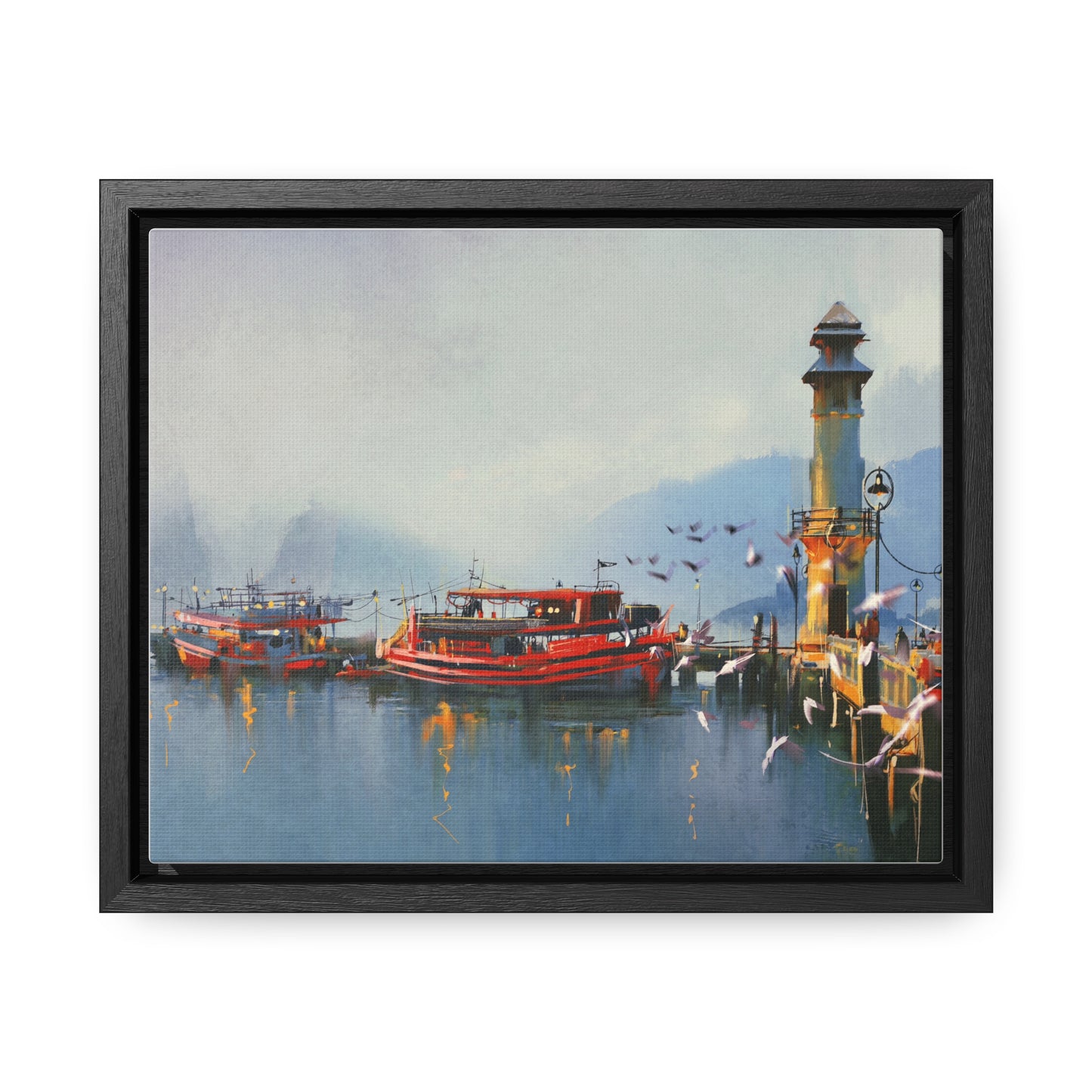 Fishing Boat in Harbor At Morning, Watercolor Painting Style Wall Art
