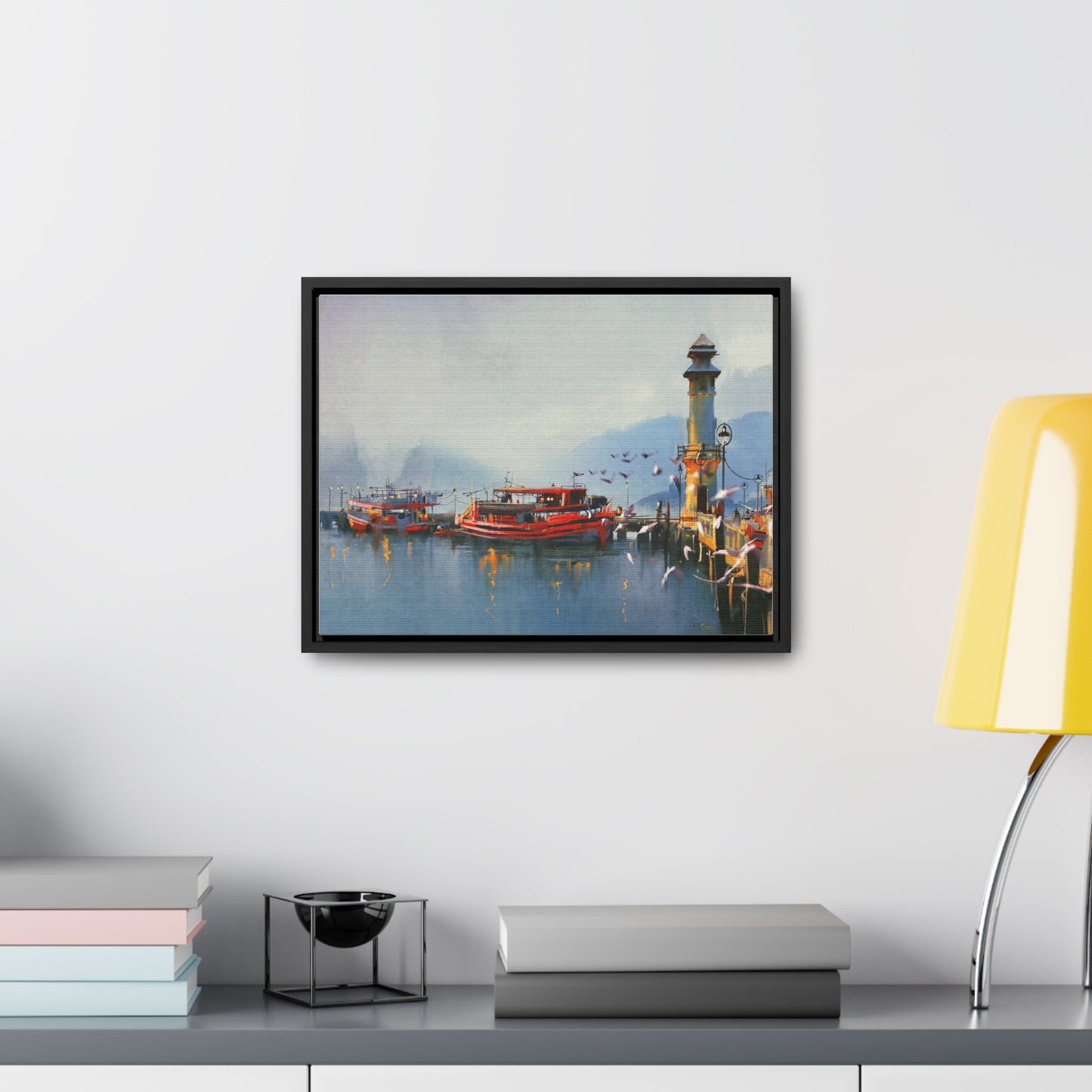 Fishing Boat in Harbor At Morning, Watercolor Painting Style Wall Art