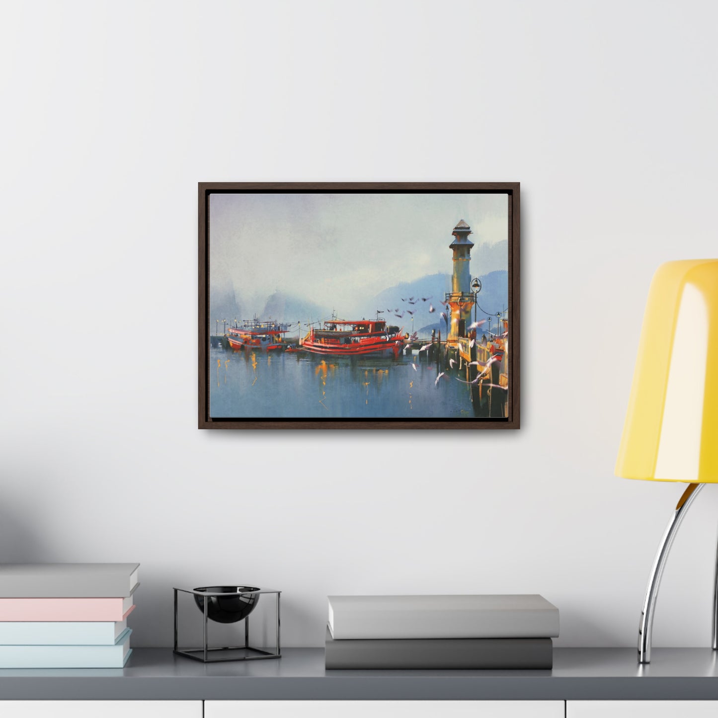 Fishing Boat in Harbor At Morning, Watercolor Painting Style Wall Art