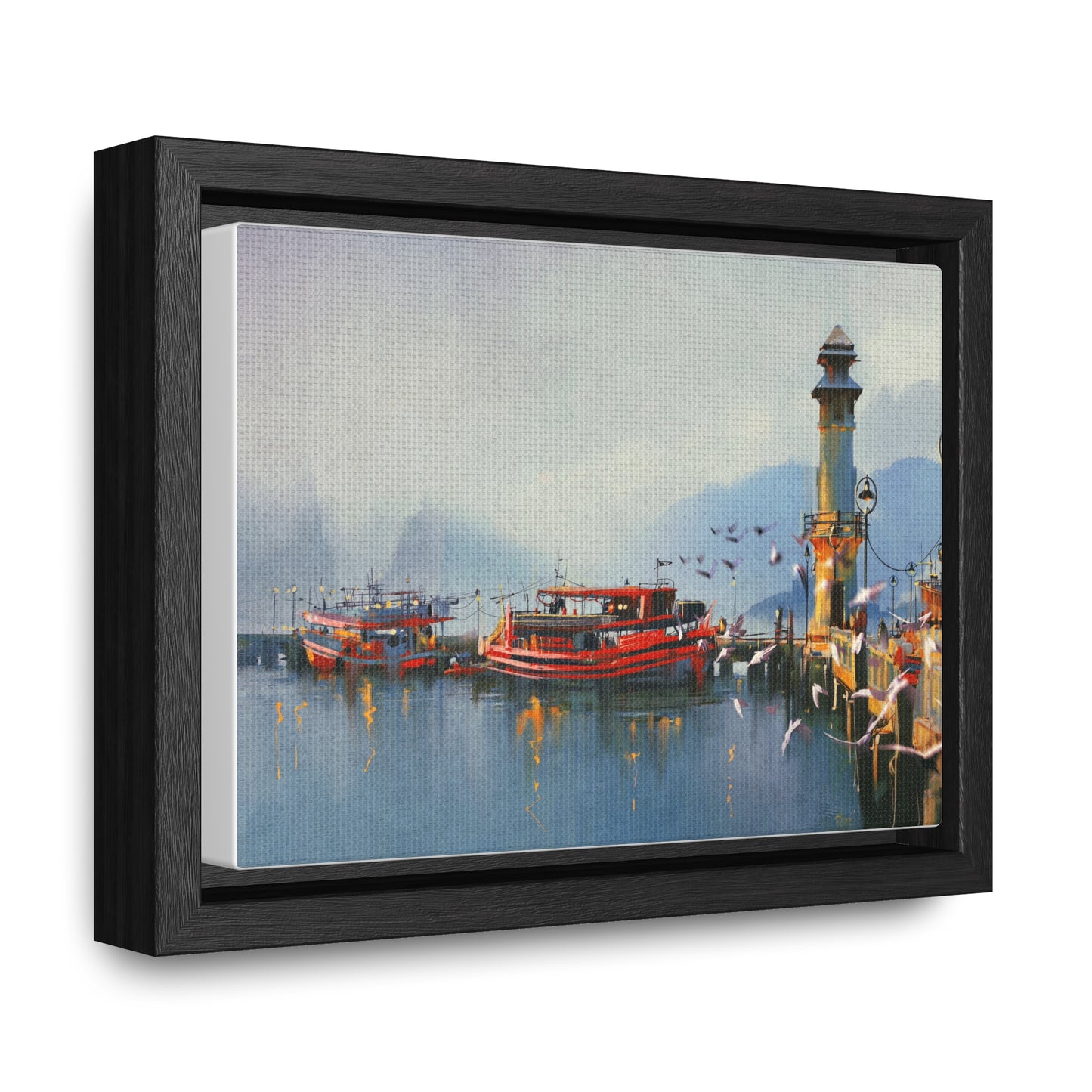 Fishing Boat in Harbor At Morning, Watercolor Painting Style Wall Art