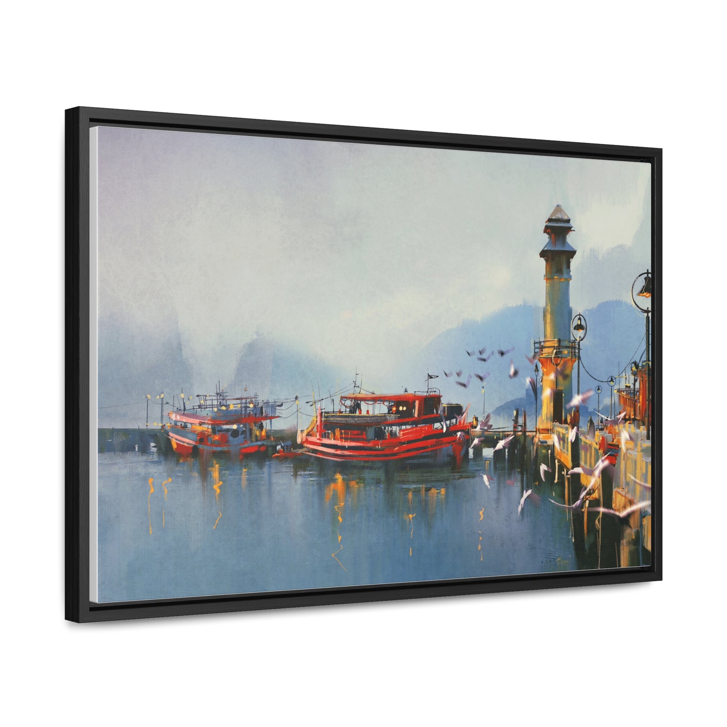 Fishing Boat in Harbor At Morning, Watercolor Painting Style Wall Art