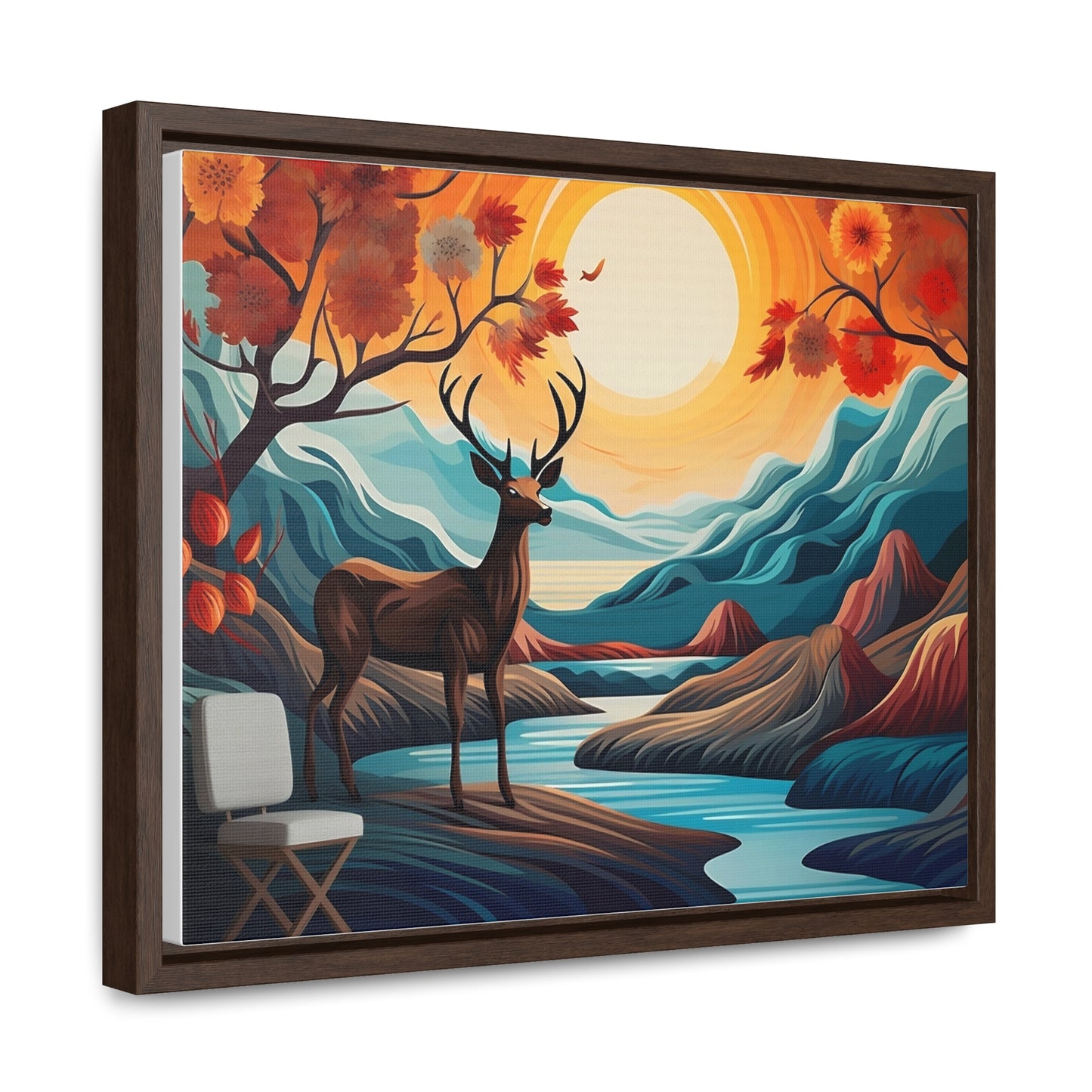 A Painting of a Deer in a Forest with a Sunset in the Background Wall Art