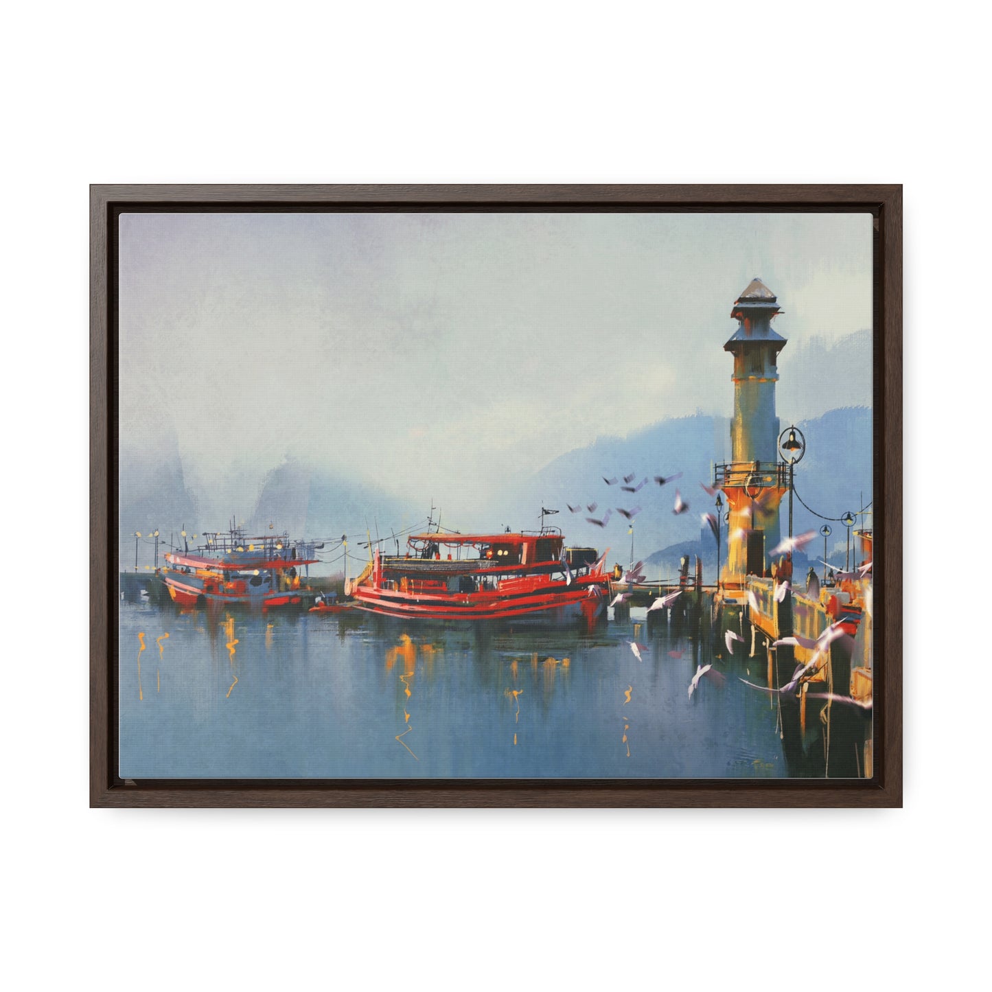 Fishing Boat in Harbor At Morning, Watercolor Painting Style Wall Art