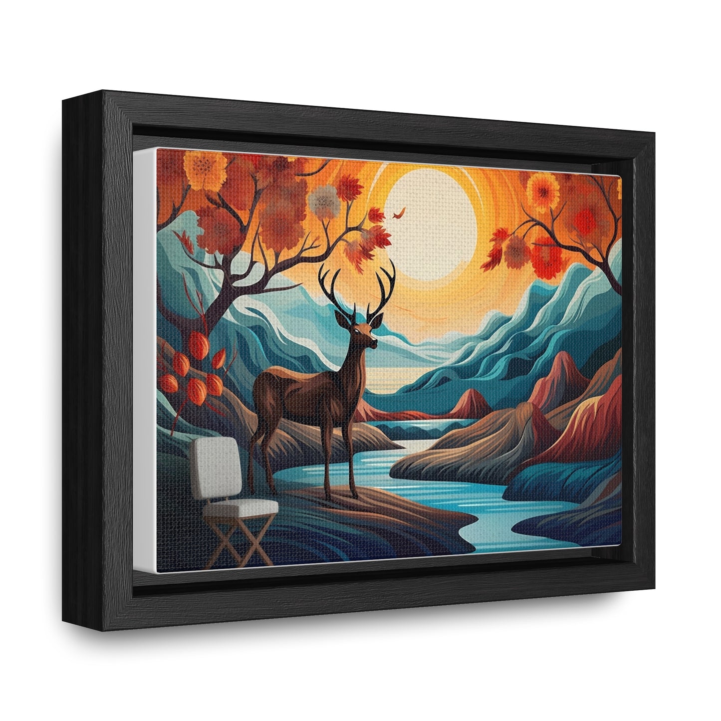 A Painting of a Deer in a Forest with a Sunset in the Background Wall Art