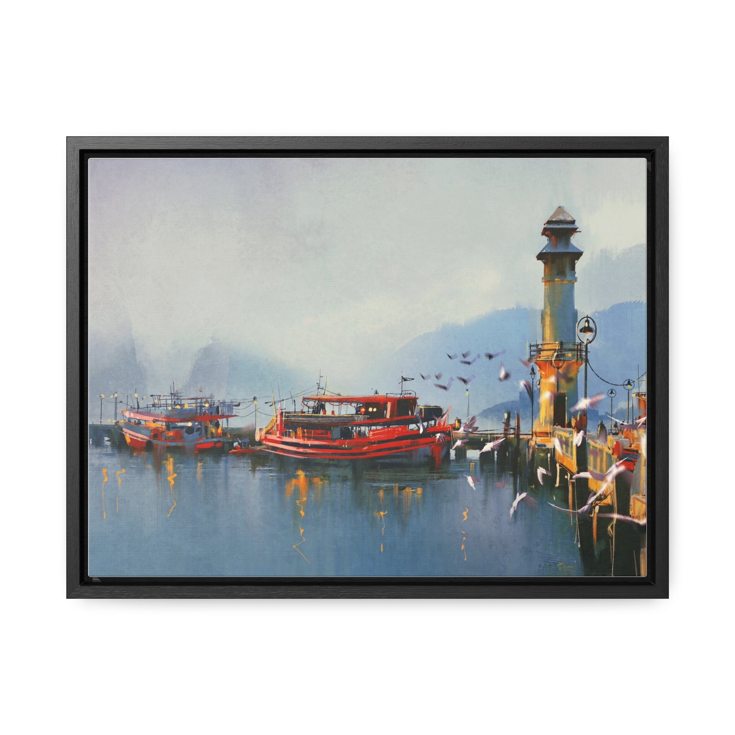Fishing Boat in Harbor At Morning, Watercolor Painting Style Wall Art