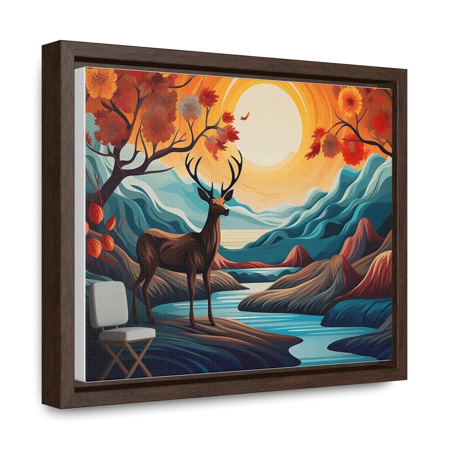 A Painting of a Deer in a Forest with a Sunset in the Background Wall Art