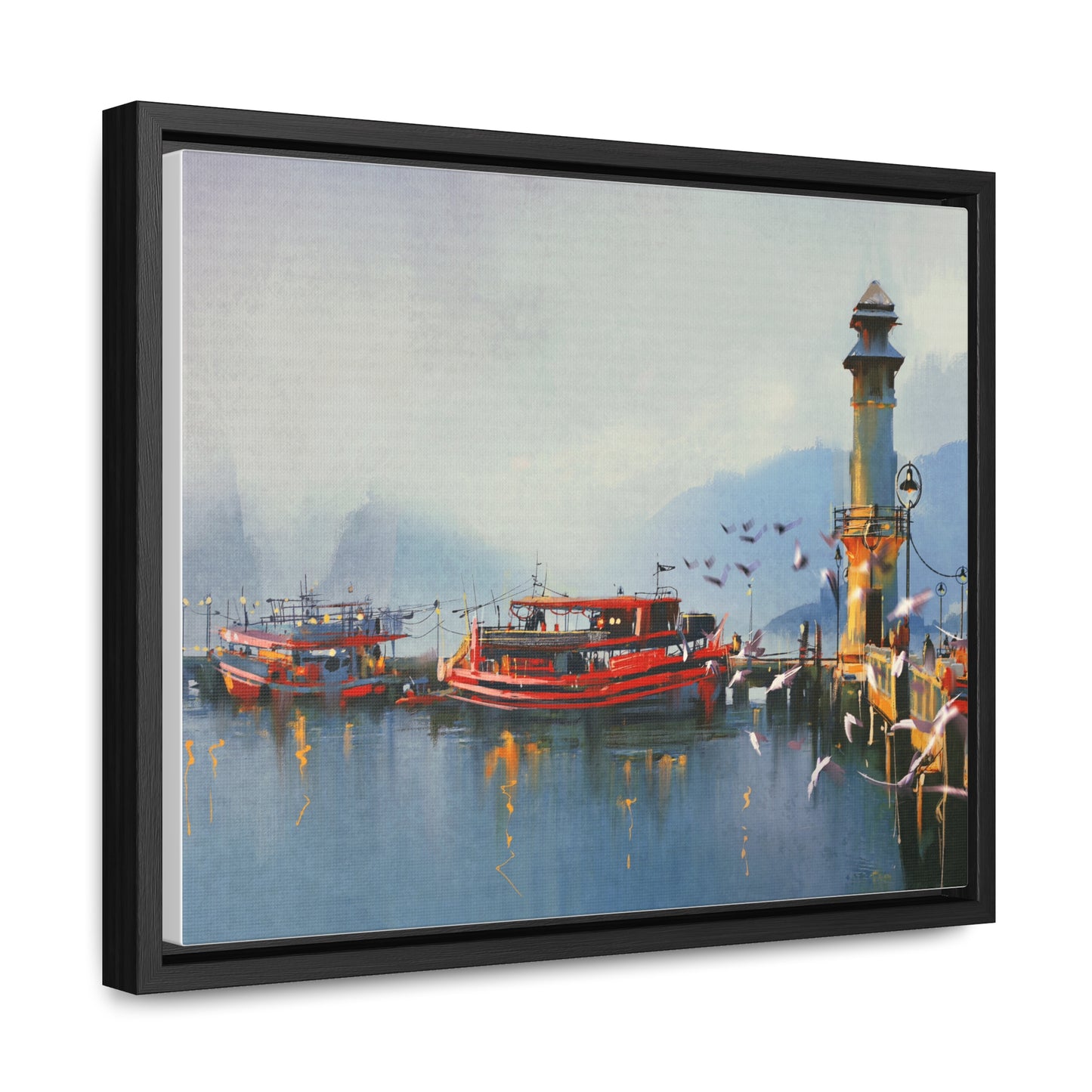 Fishing Boat in Harbor At Morning, Watercolor Painting Style Wall Art
