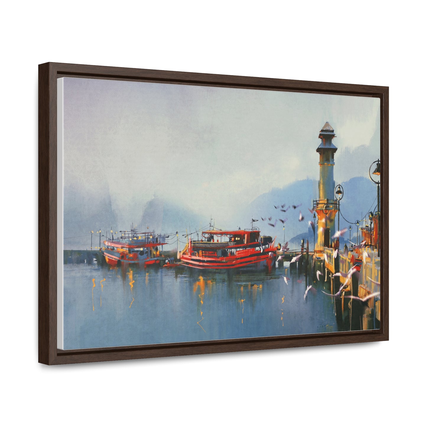 Fishing Boat in Harbor At Morning, Watercolor Painting Style Wall Art