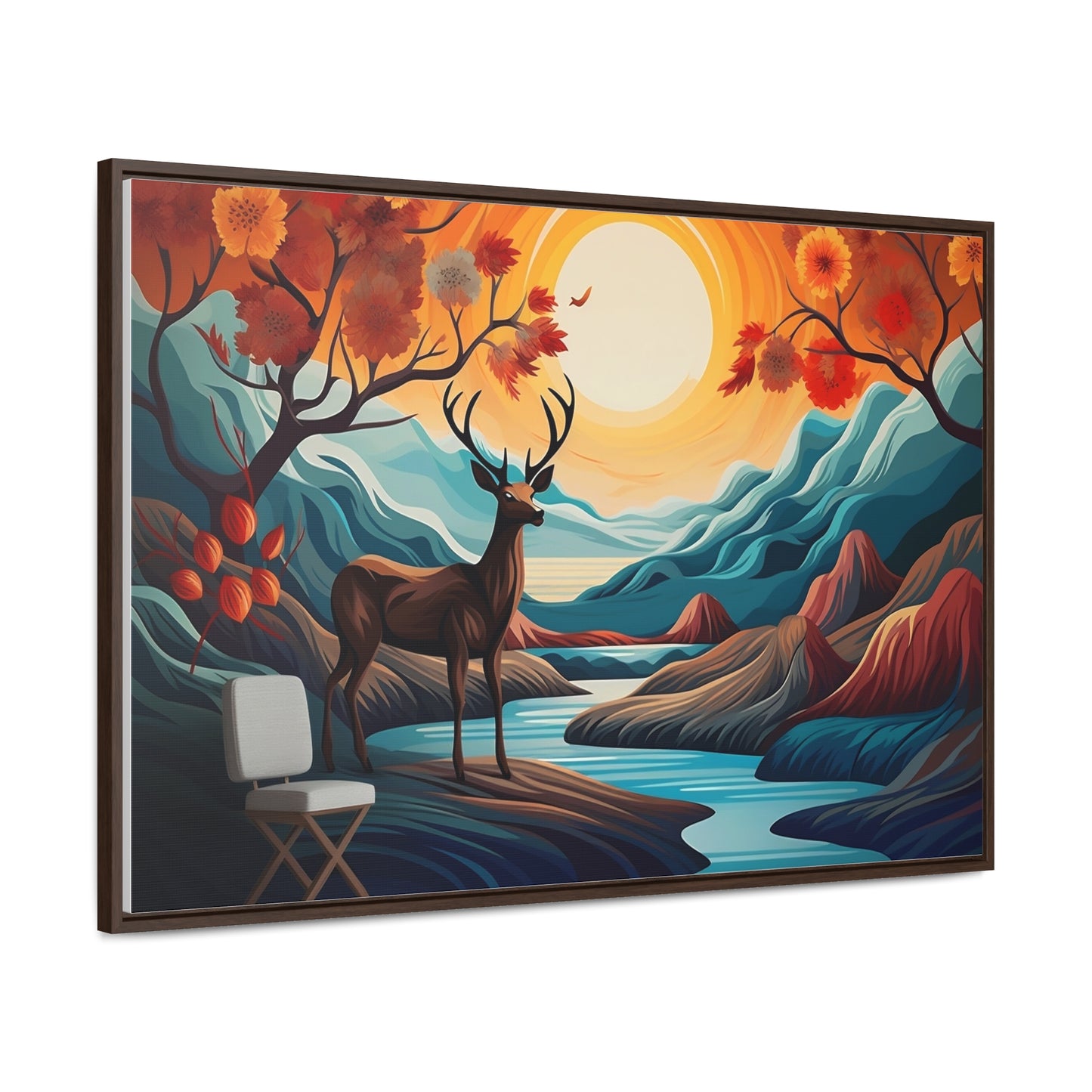 A Painting of a Deer in a Forest with a Sunset in the Background Wall Art