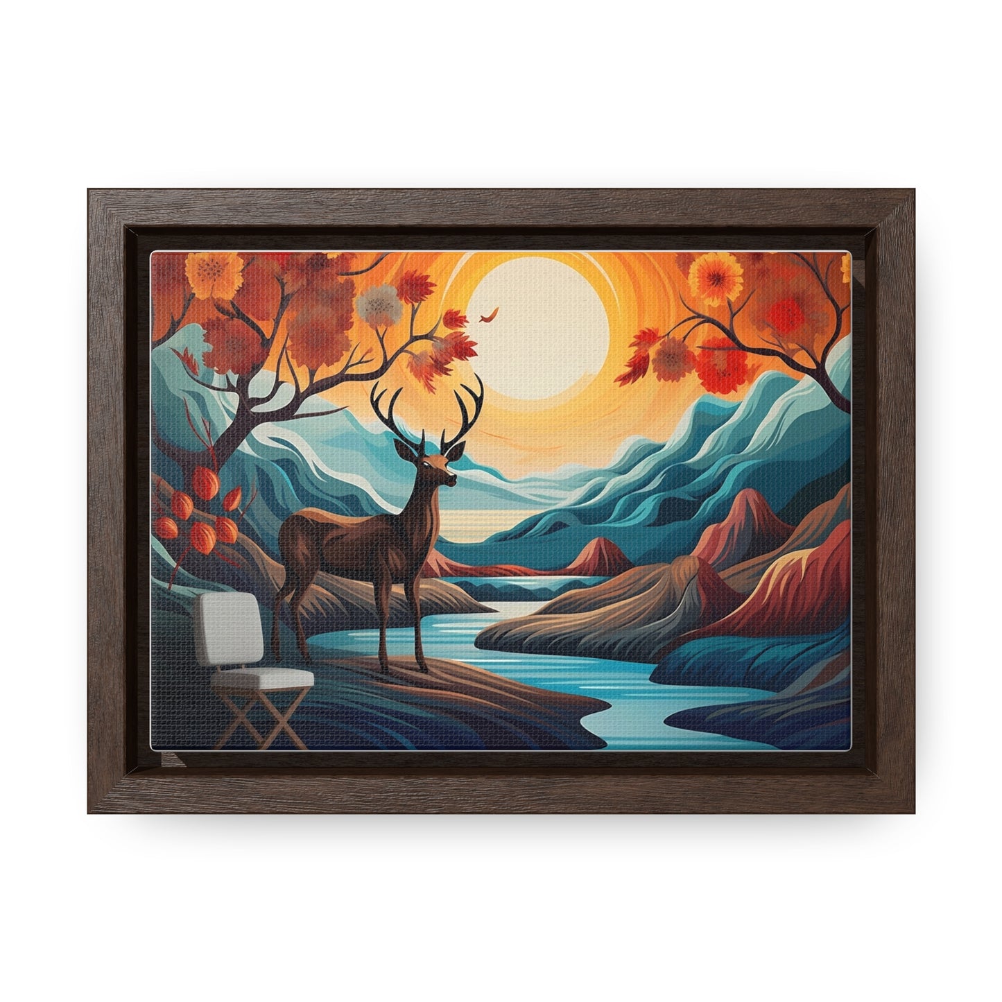 A Painting of a Deer in a Forest with a Sunset in the Background Wall Art