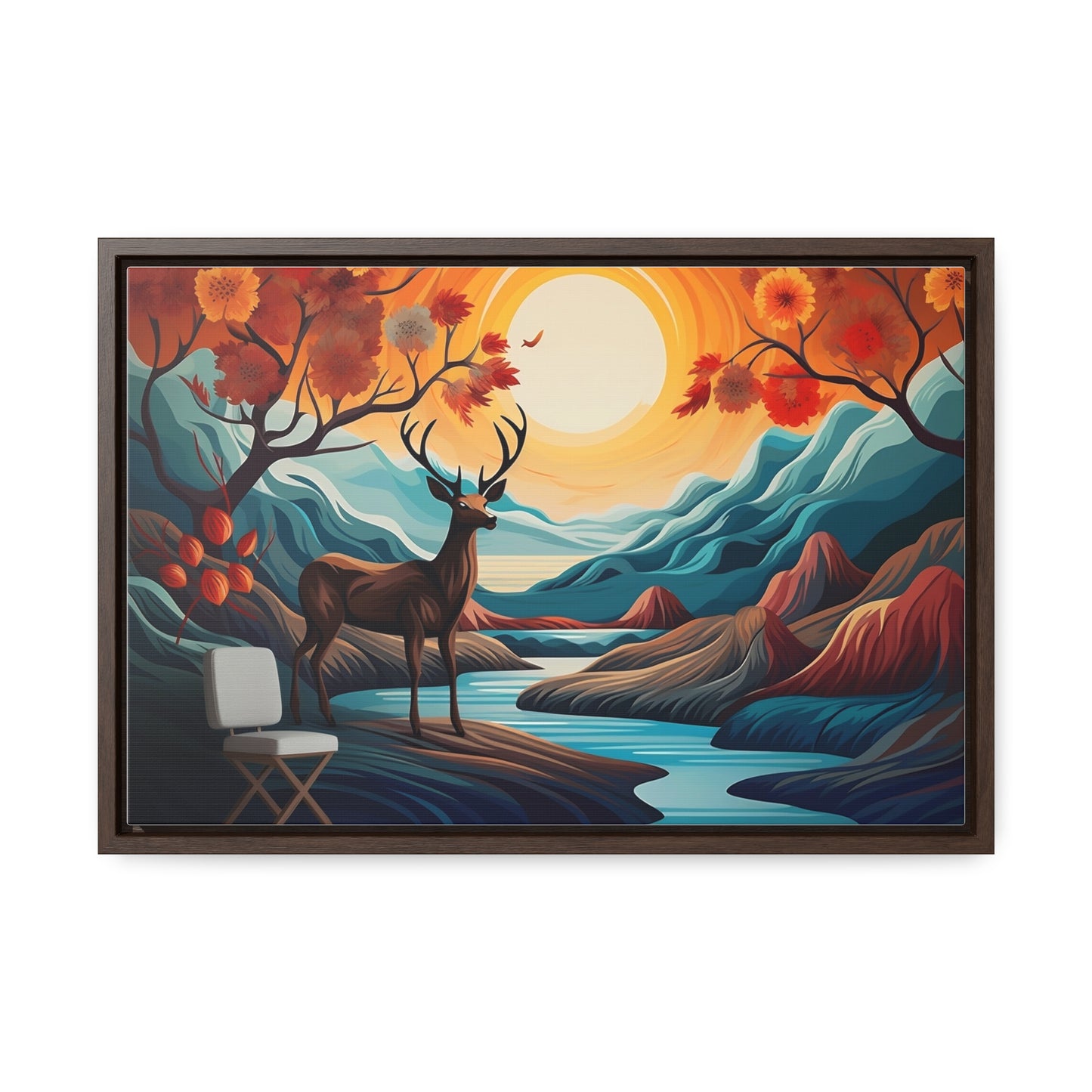 A Painting of a Deer in a Forest with a Sunset in the Background Wall Art