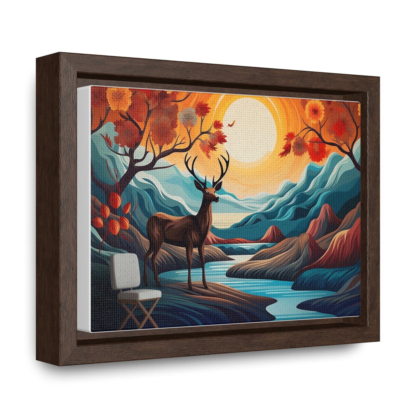 A Painting of a Deer in a Forest with a Sunset in the Background Wall Art