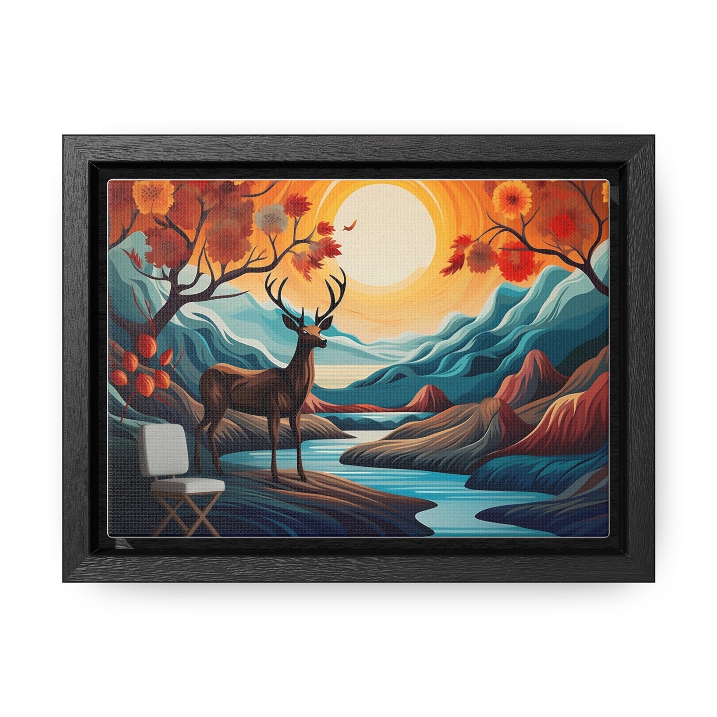 A Painting of a Deer in a Forest with a Sunset in the Background Wall Art