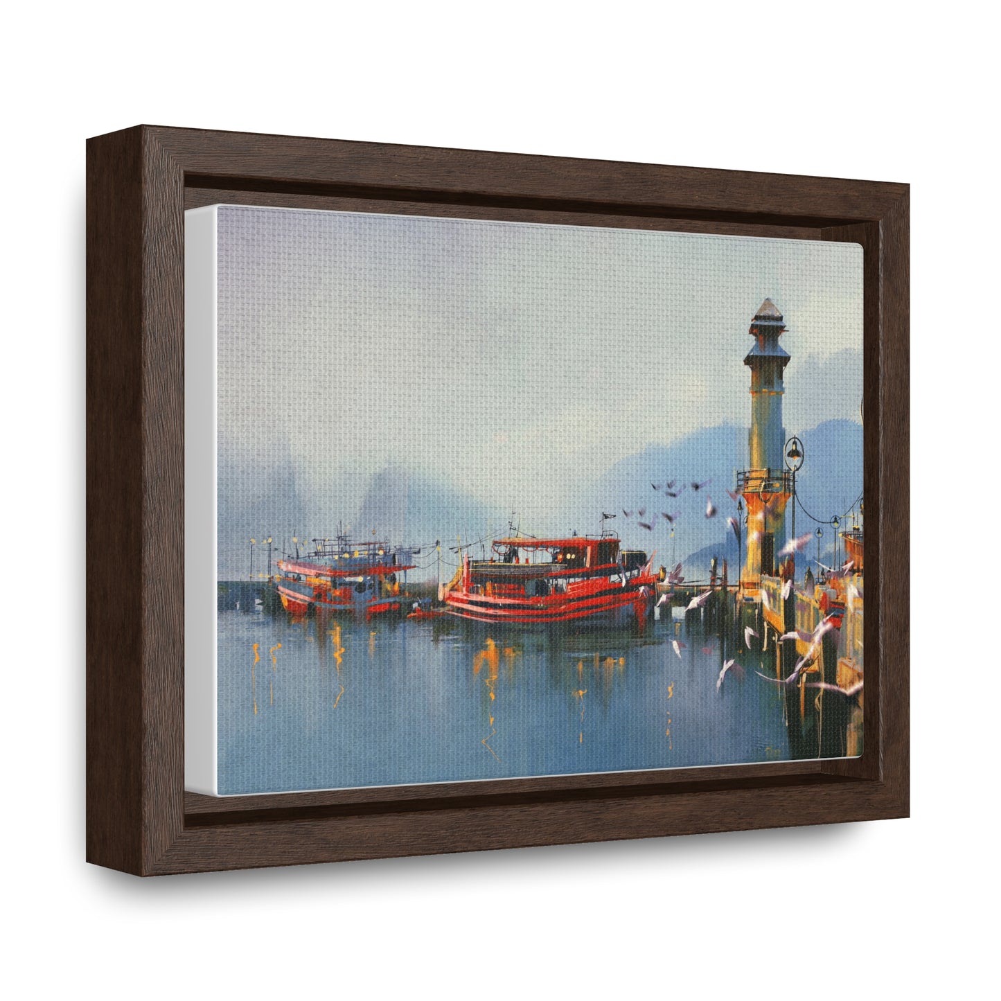Fishing Boat in Harbor At Morning, Watercolor Painting Style Wall Art