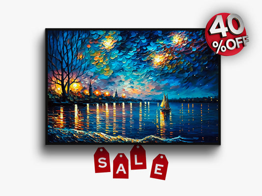 Painting of a Man in the Ocean at Night With a Full Moon Generative ai Wall Art