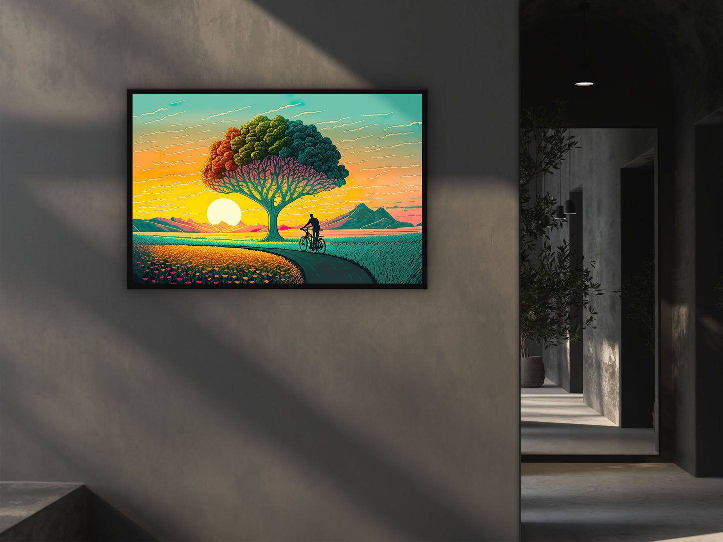 Painting of A Man Bike Riding Front of A Tree With a Sunset in The Background