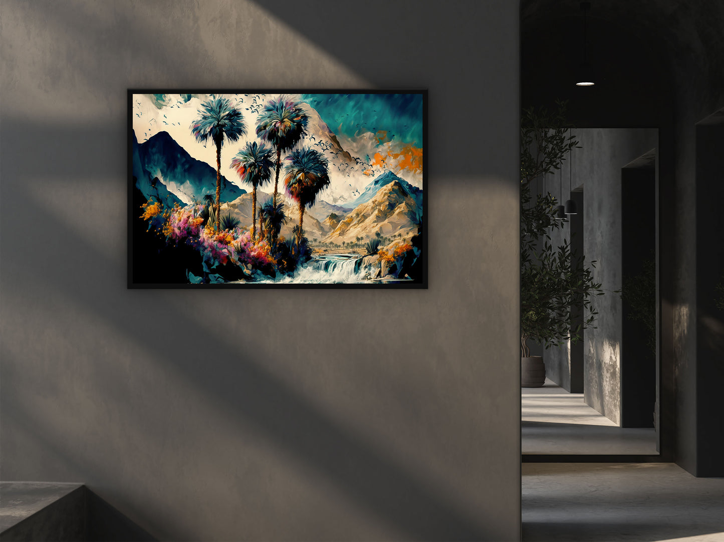 Vintage Oasis of Palm Trees Mountains Wall Art