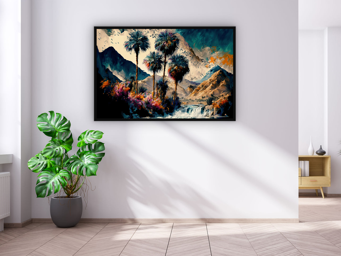 Vintage Oasis of Palm Trees Mountains Wall Art