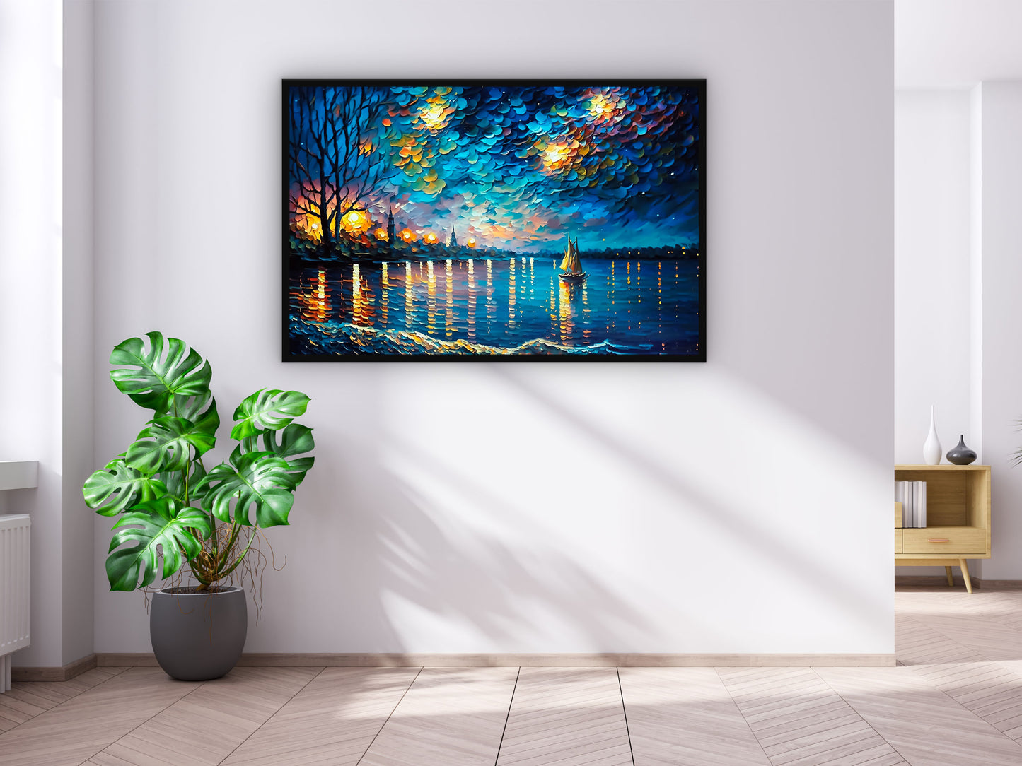 Painting of a Man in the Ocean at Night With a Full Moon Generative ai Wall Art
