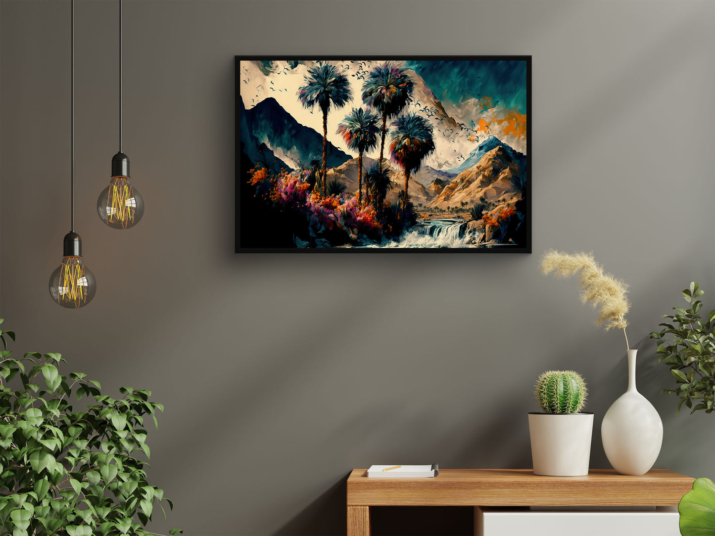 Vintage Oasis of Palm Trees Mountains Wall Art