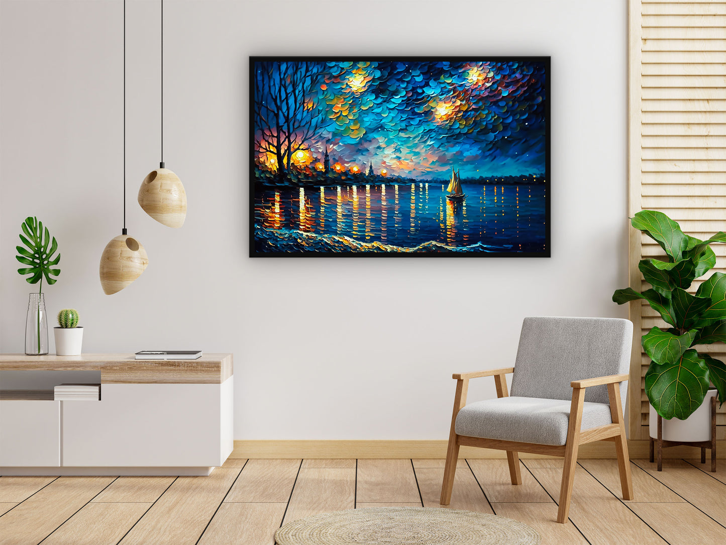 Painting of a Man in the Ocean at Night With a Full Moon Generative ai Wall Art