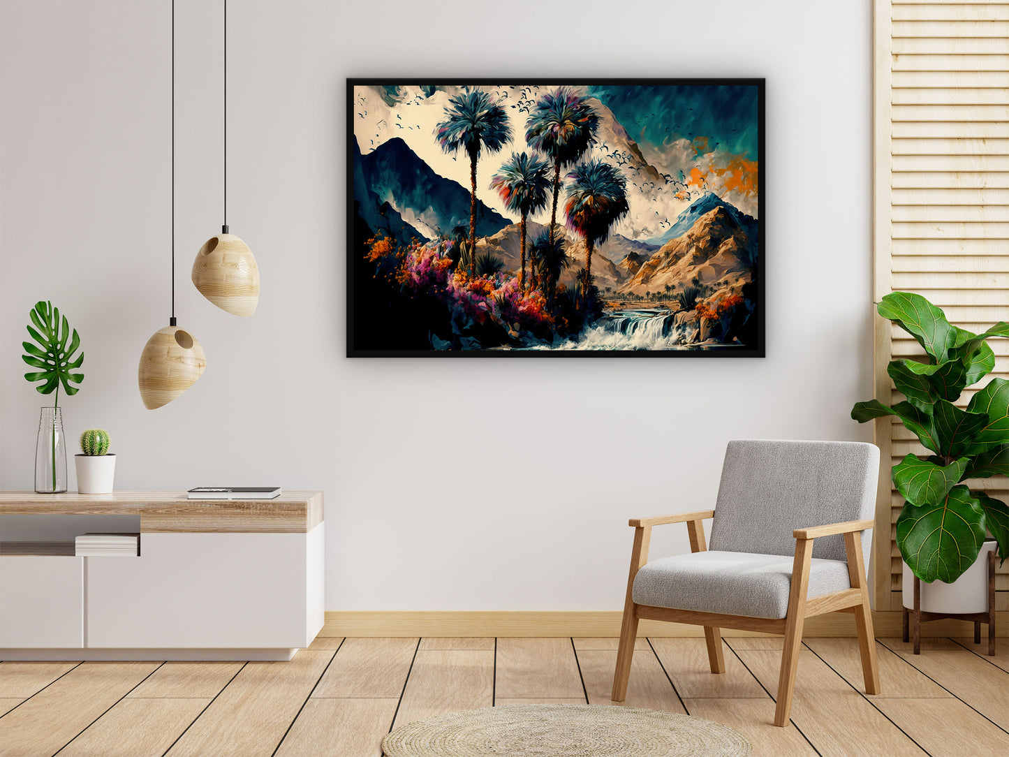 Vintage Oasis of Palm Trees Mountains Wall Art