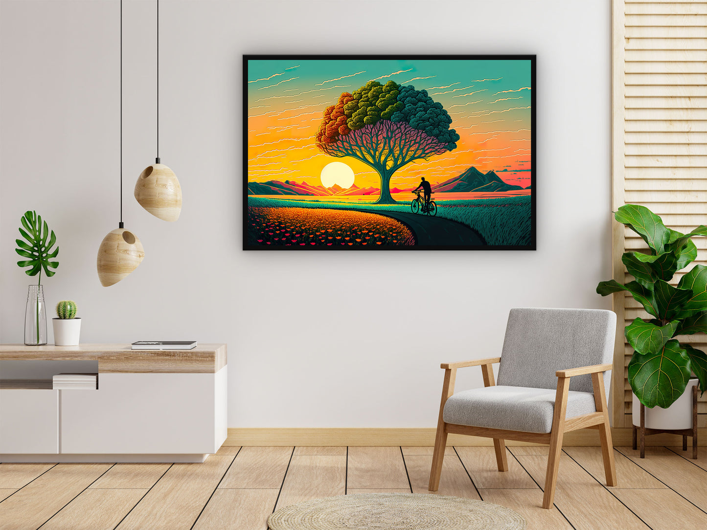 Painting of A Man Bike Riding Front of A Tree With a Sunset in The Background