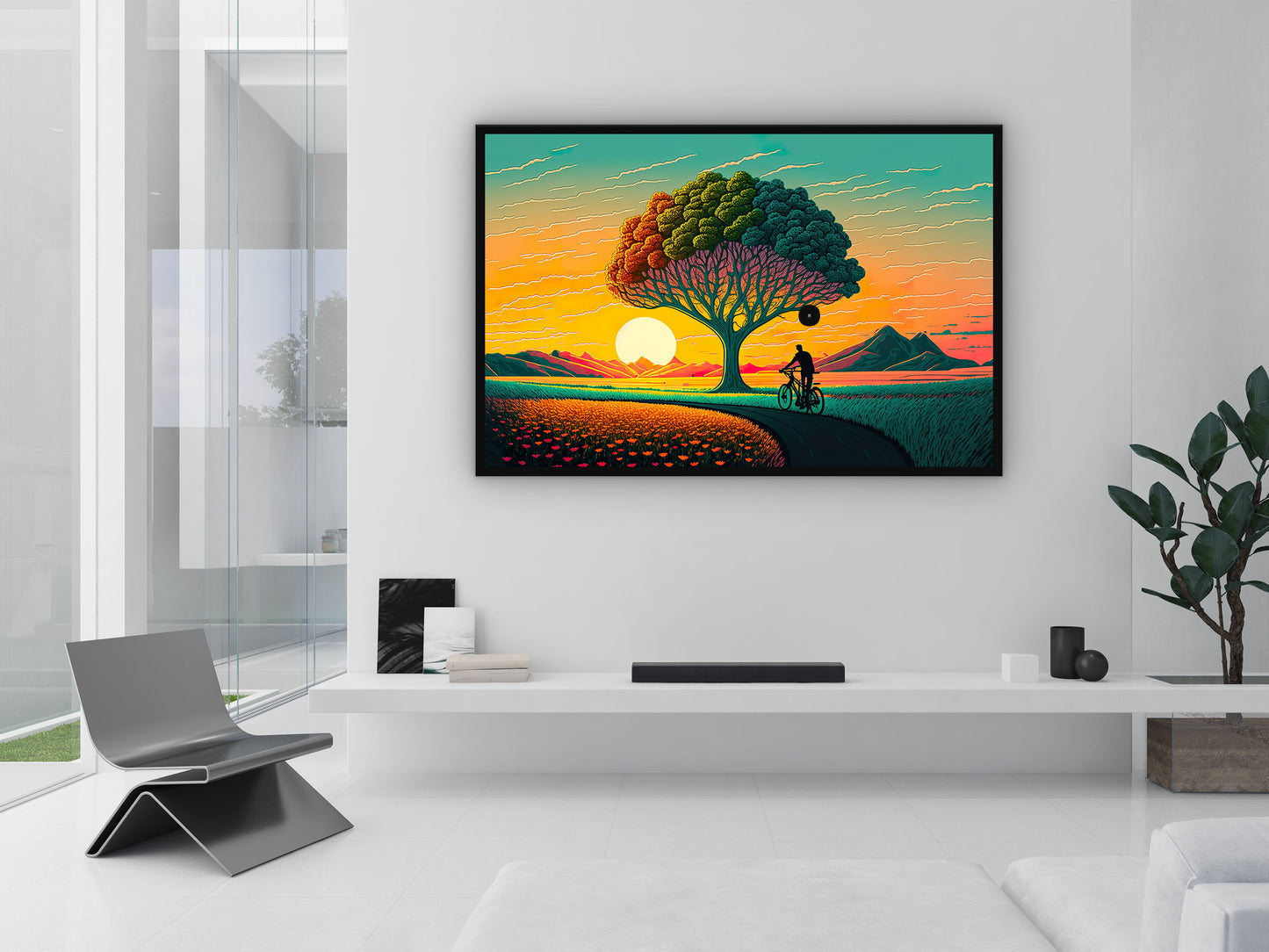 Painting of A Man Bike Riding Front of A Tree With a Sunset in The Background